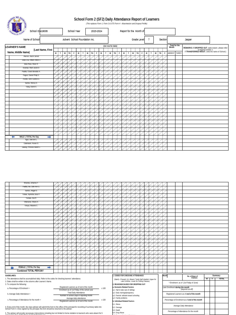 SF 2 Daily Attendance (Editable) | PDF | Human Life Stages | Social Policy