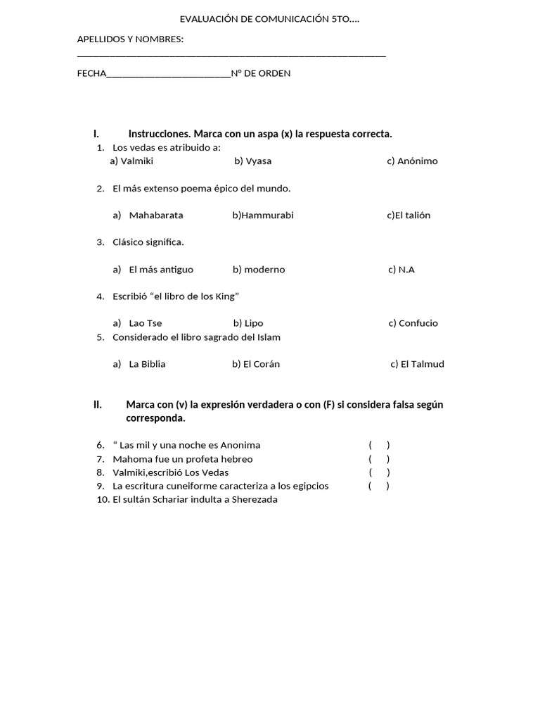 Evaluación de Comunicación 5to Grado | PDF