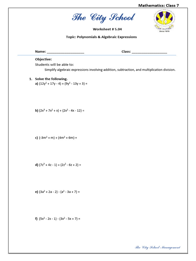 Class 7 Polynomials Worksheet | PDF