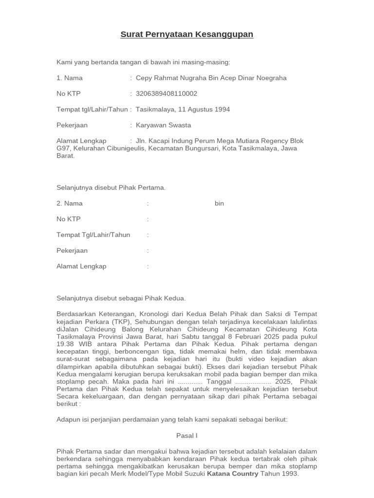 Surat Perjanjian Ganti Rugi Kecelakaan | PDF