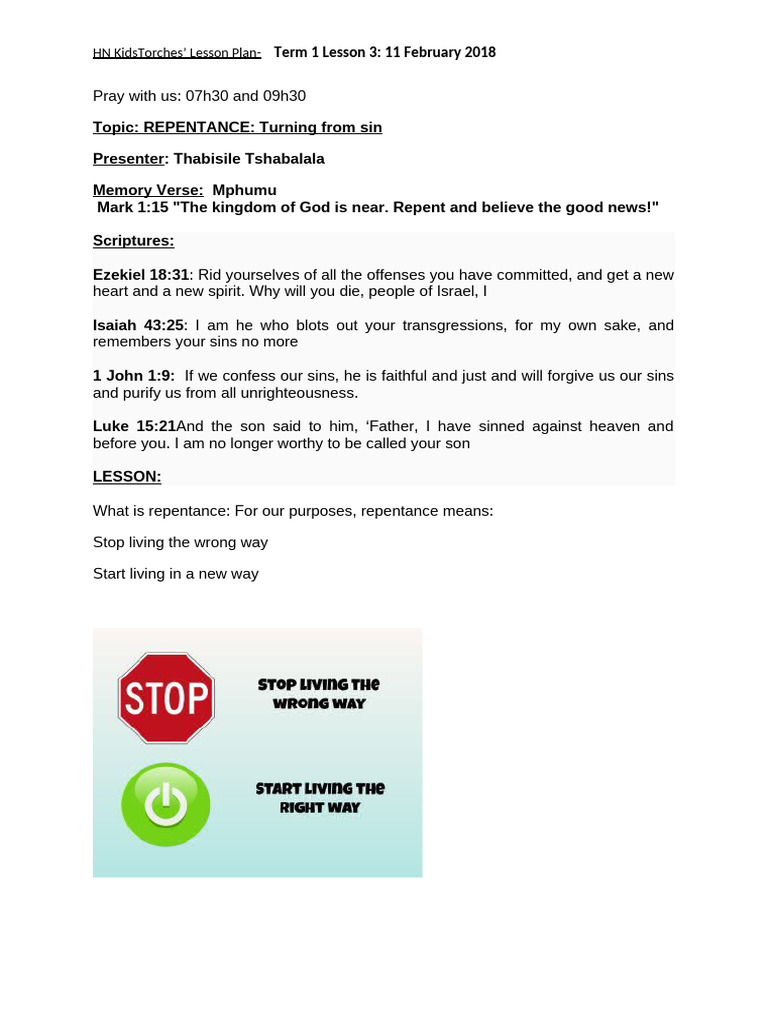 Sunday School Lesson Plan Repentance 11 02 2018 Pdf Repentance Sin