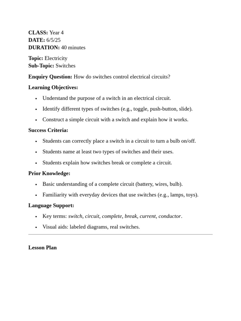 Year 4 Science Lesson Plan T3 | PDF | Switch | Insulator (Electricity)