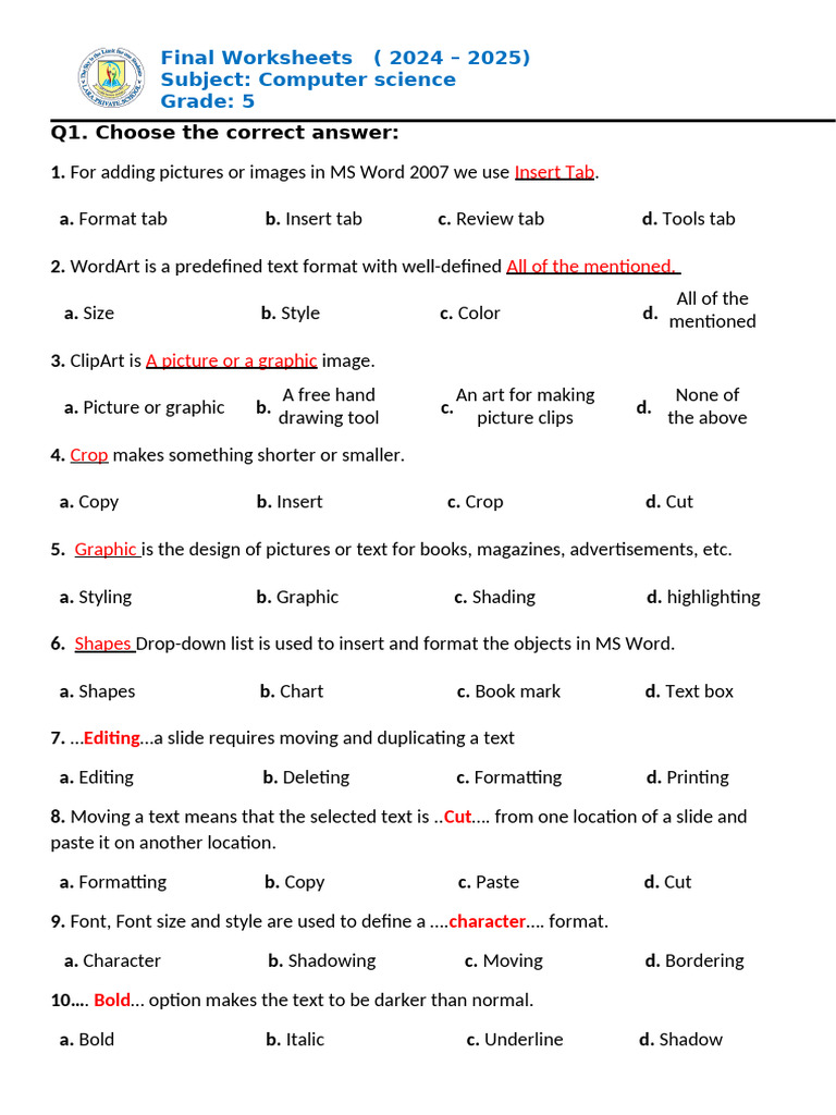 5th Grade Computer Science Worksheets | PDF | Microsoft Word ...