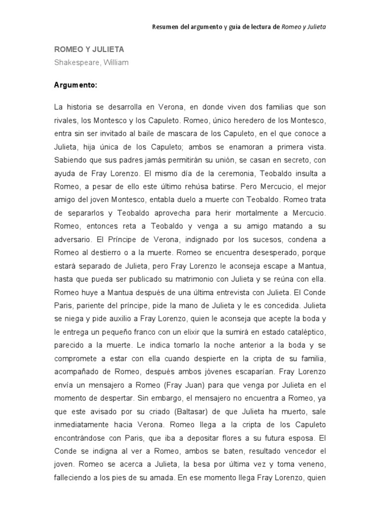 Romeo y Julieta Resumen Del Argumento Romeo y Julieta
