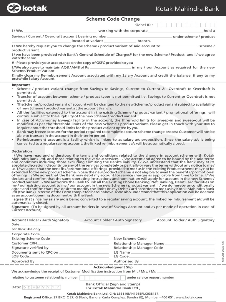 Kotak Bank Scheme Code Change Request | PDF | Banks | Overdraft