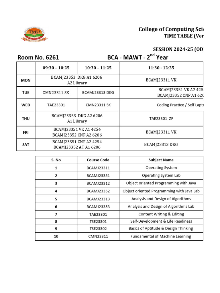 Time Table 2nd Year Onwards Inurture v1 | PDF | Computer Science ...