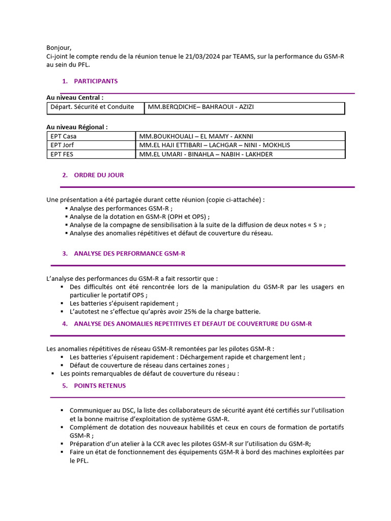 Compte Rendu Réunion Performance GSM-R | PDF