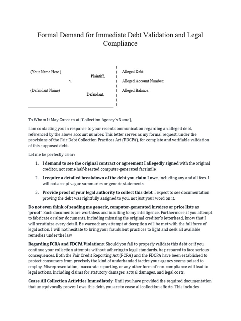 Formal Demand For Immediate Debt Validation and Legal Compliance | PDF ...