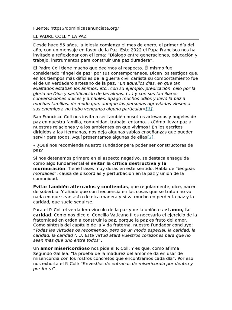 Frases del Padre Coll sobre la Paz | PDF | Amor | Paz