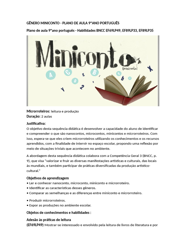 Minicontos: Plano de Aula 9º Ano | PDF | Amor | Aprendizado