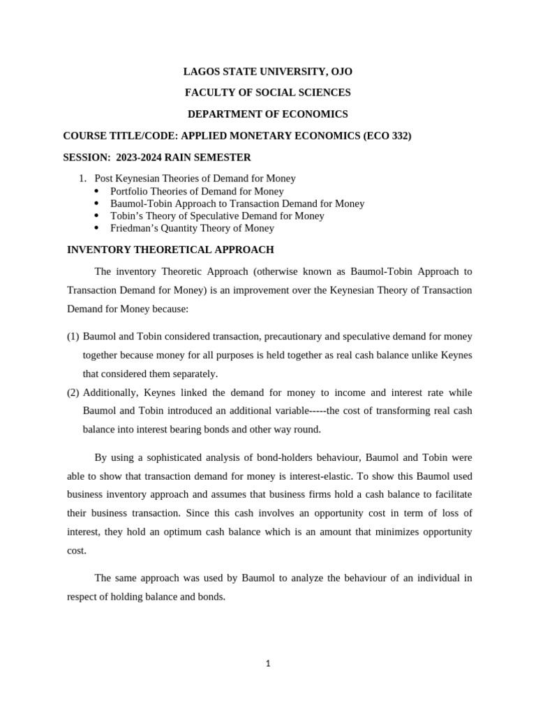 2023-2024 Eco 332 Applied Monetary Economics II Tinventory Theoretic ...