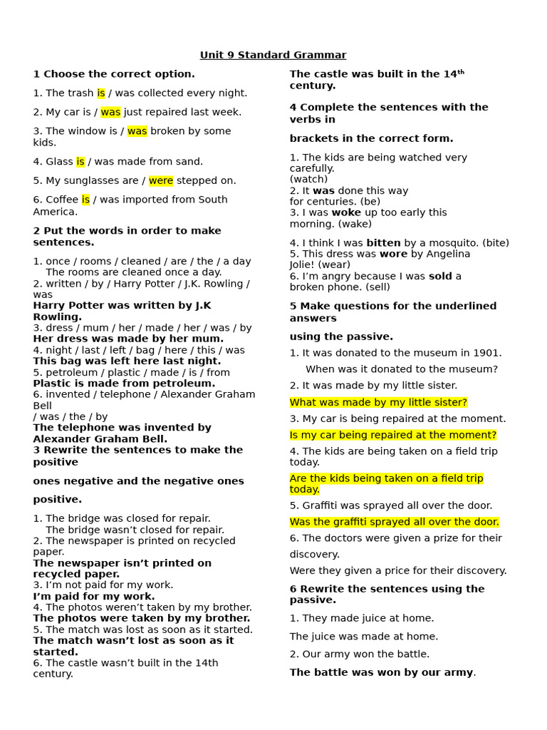 Unit 9 Grammar: Passive Voice Exercises | PDF