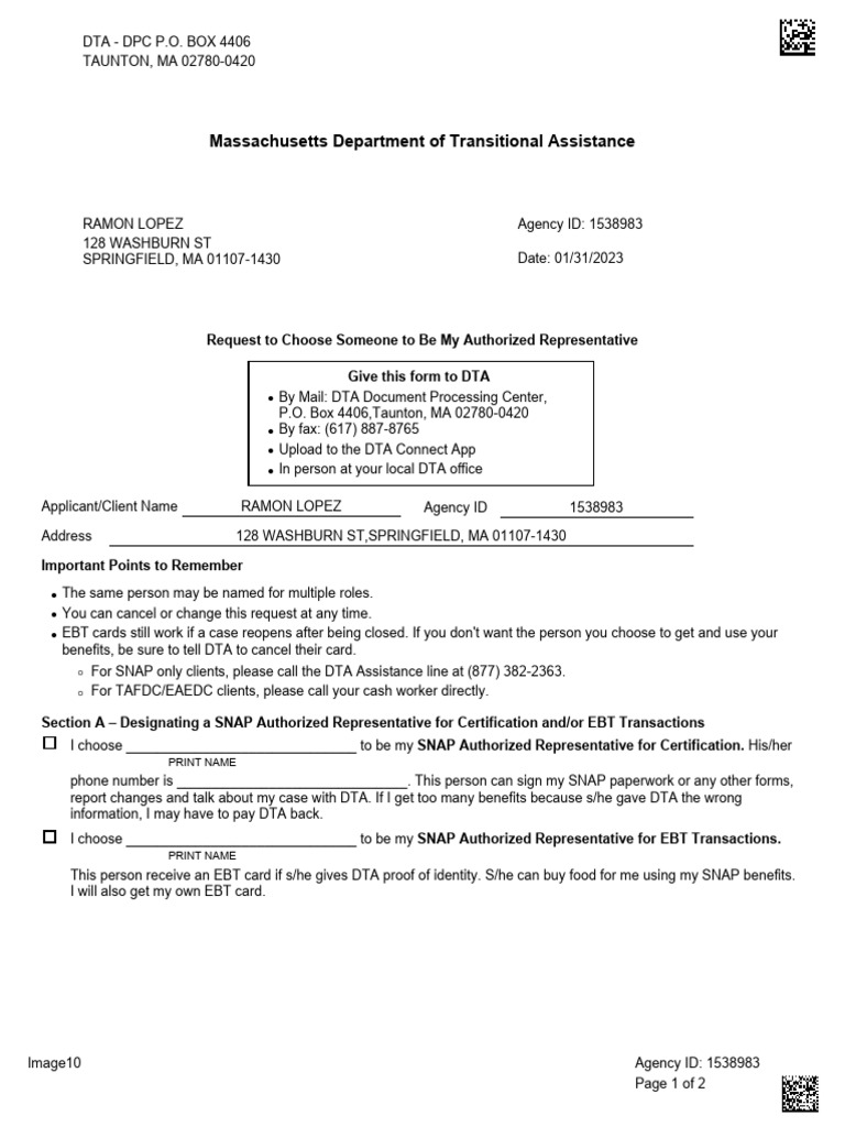 SNAP Authorized Representative Form | PDF