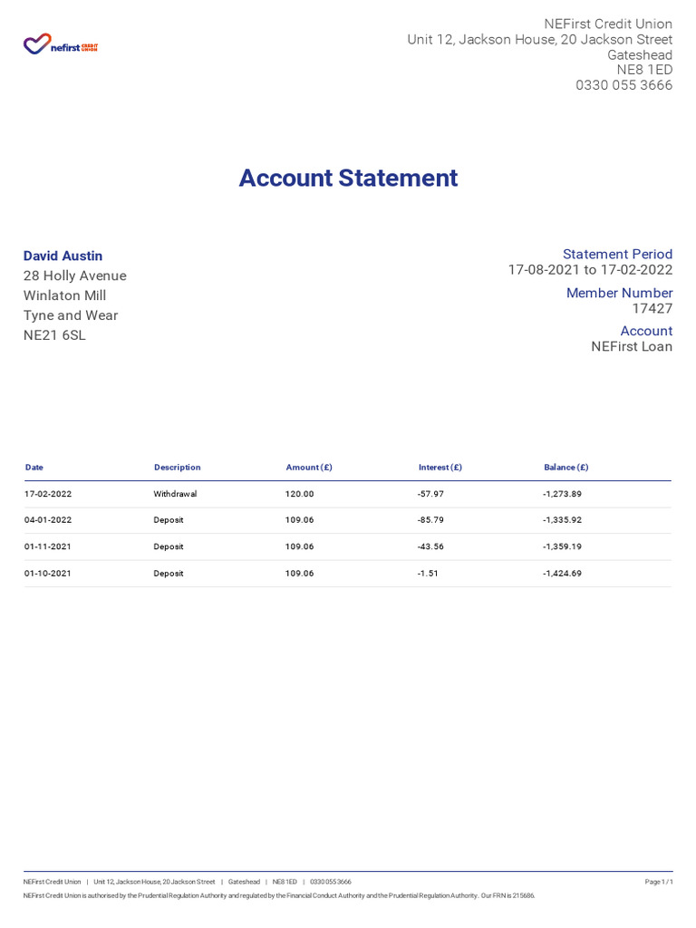 NEFirst Credit Union Account Statement | PDF | Financial Services ...