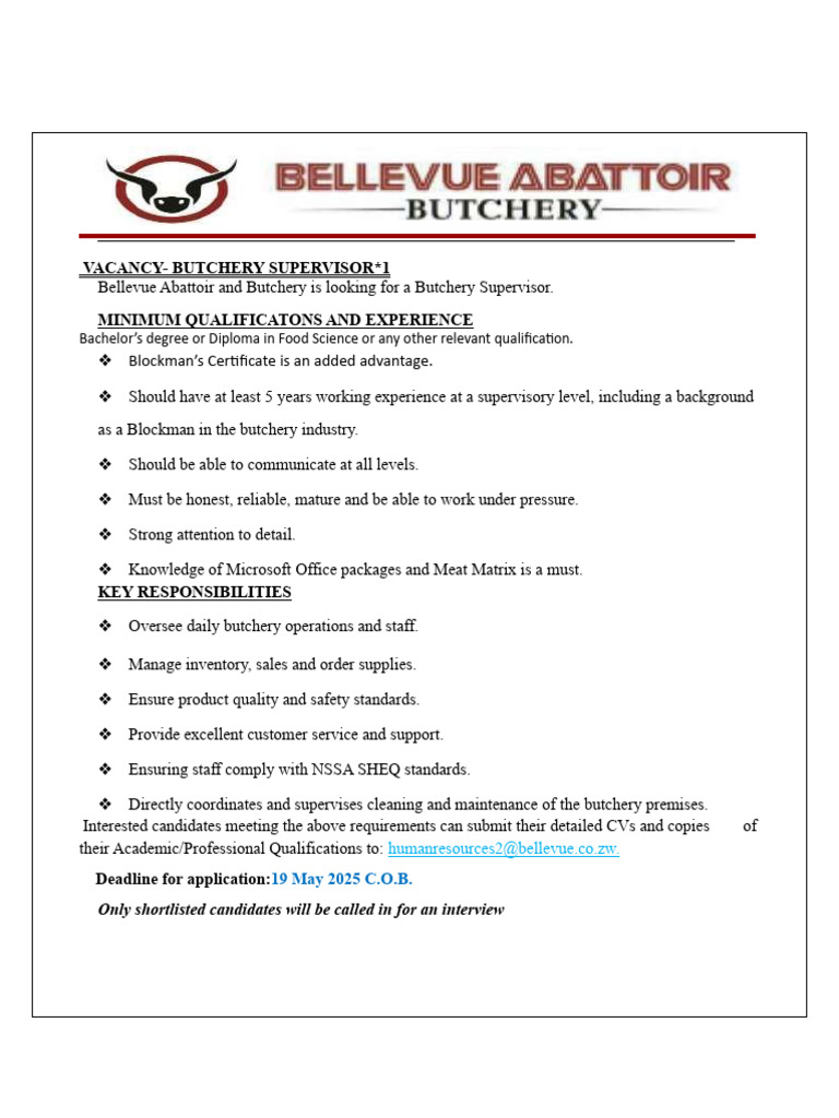 Butchery Supervisor Vacancy with Blockman Cert | PDF