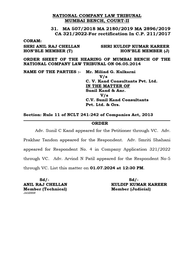 National Company Law Tribunal Mumbai Bench, Court-Ii 31. MA 507/2018 MA ...
