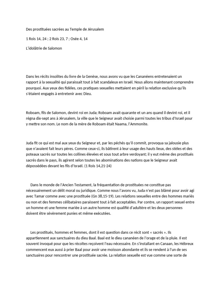 Prostituées sacrées au Temple de Jérusalem | PDF | Livres des Rois | Canaan