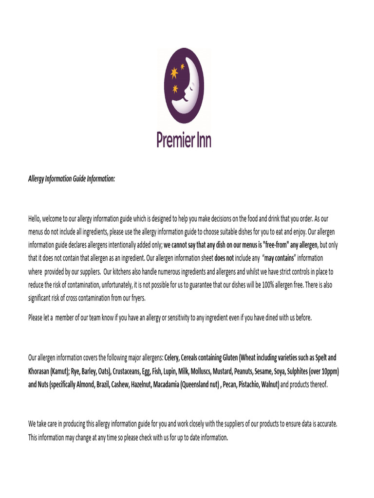 Premier Inn Breakfast | PDF | Food Allergy | Allergen