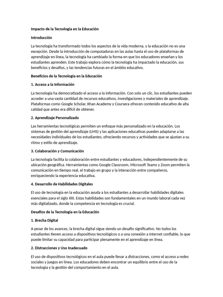 Tecnología y su Impacto en la Educación | PDF | Enseñando | Aprendizaje
