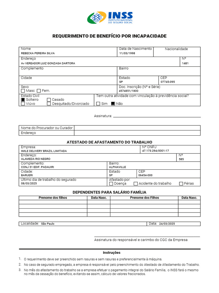 Requerimento de Benefício por Incapacidade | PDF | Trabalho | Seguro social