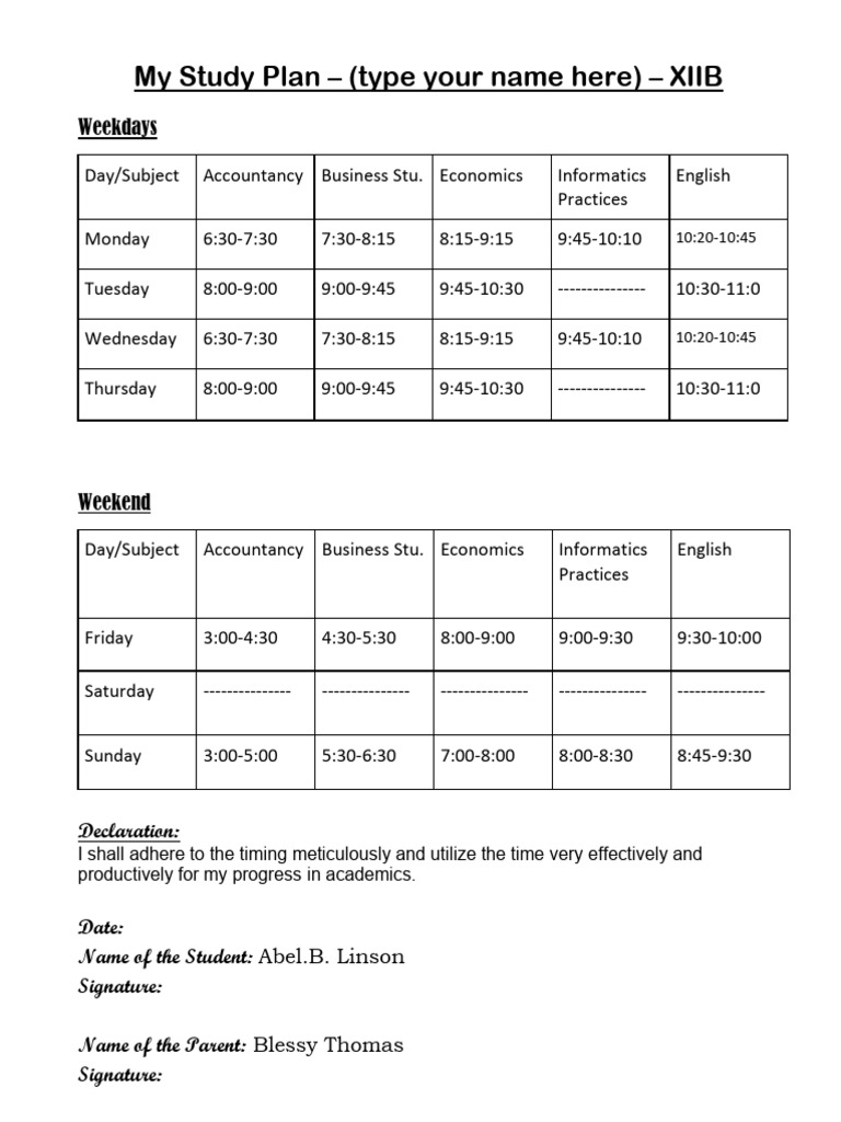My Study Plan Format - Grade XIIB | PDF