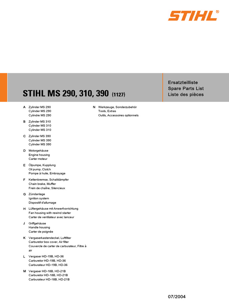 Liste de pièces STIHL MS 290, 310, 390 | PDF | Ingénierie mécanique ...