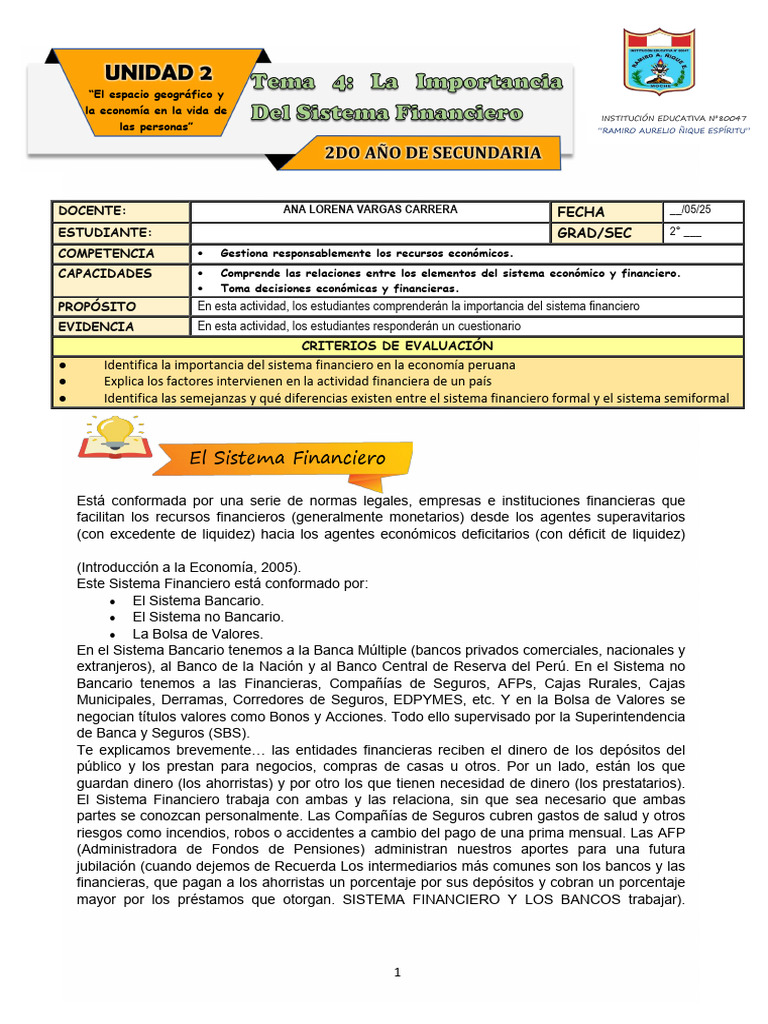 Ficha de Actividad 4 CCSS 2° - Semana 4 | PDF | Bancos | Dinero