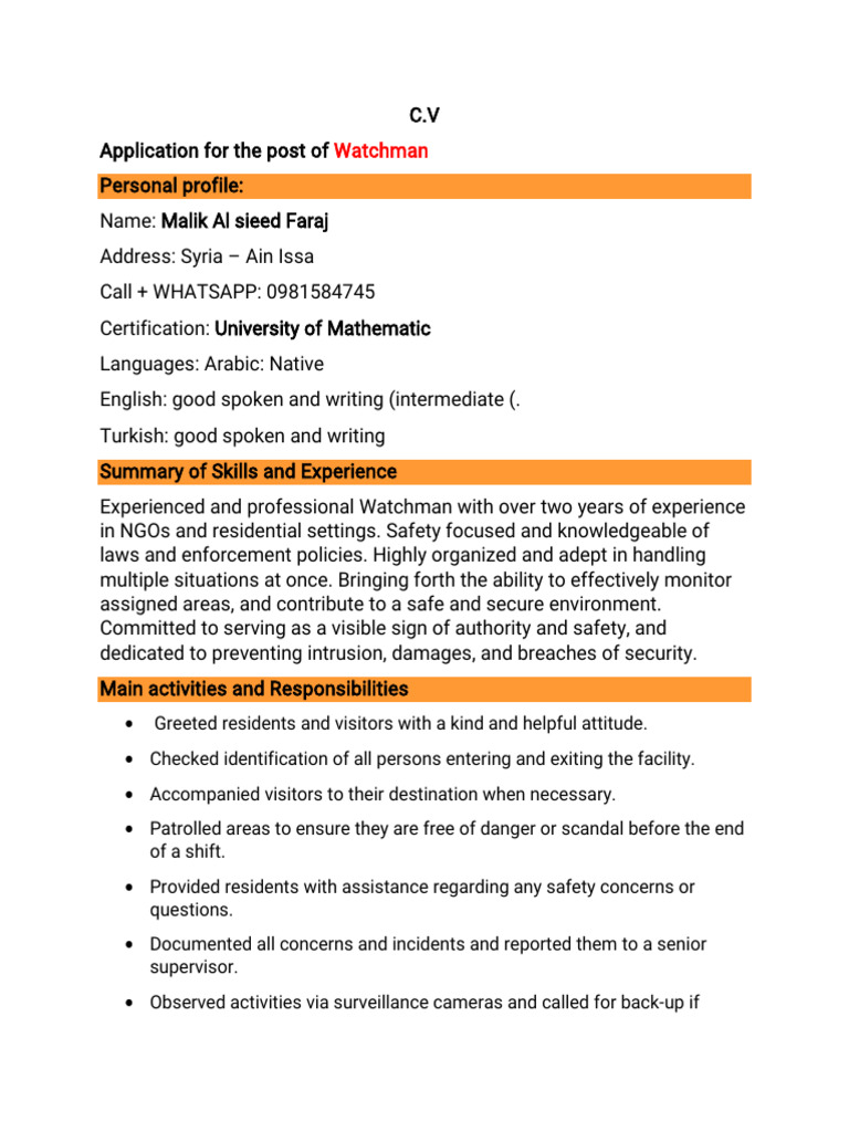 Watchman CV of Malik Al sieed Faraj | PDF
