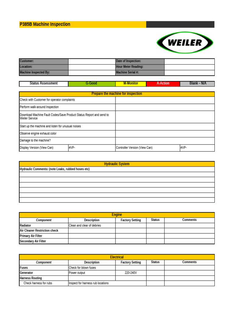 P385B Machine Inspection Checklist | PDF | Manufactured Goods | Vehicles
