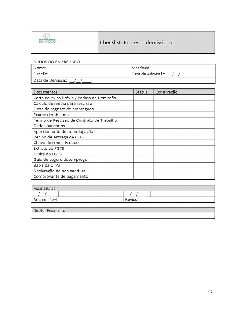 Modelo de Checklist Processo Demissional Departamento de Pessoal em ...