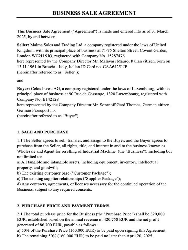 Business Sale Agreement | PDF