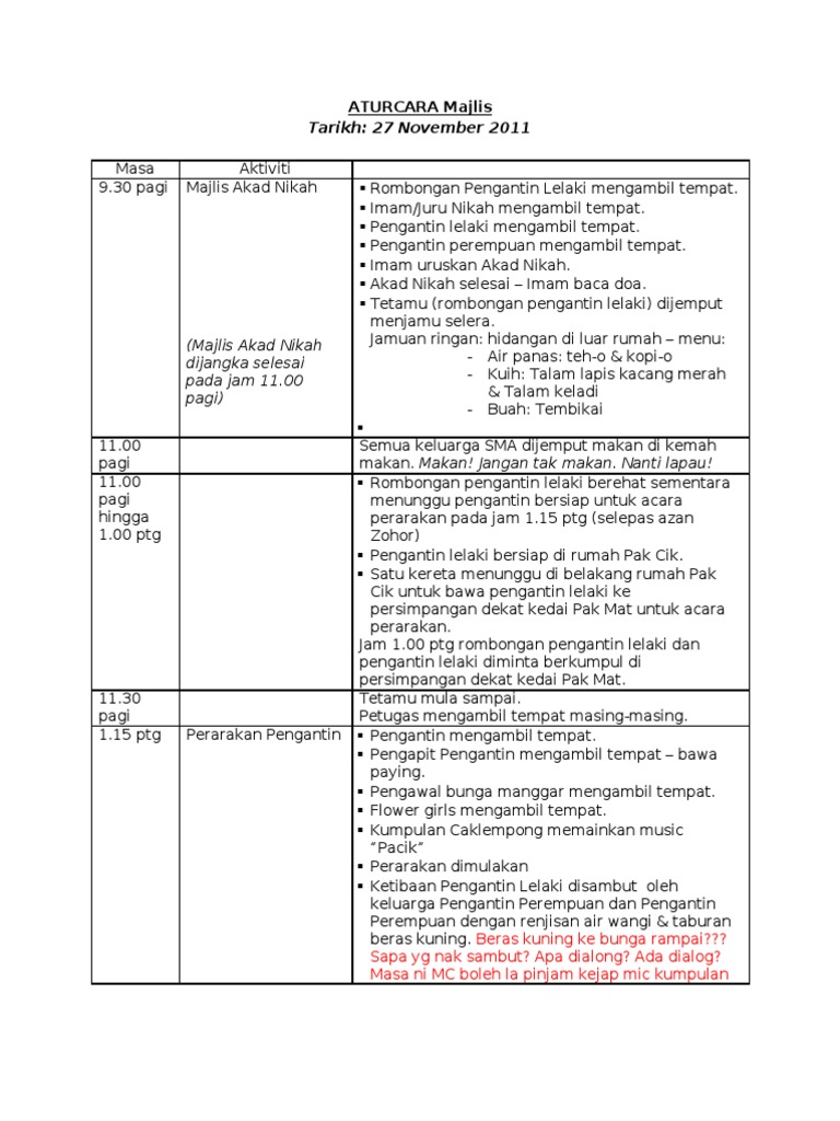 Contoh Atur Cara Majlis Perkahwinan