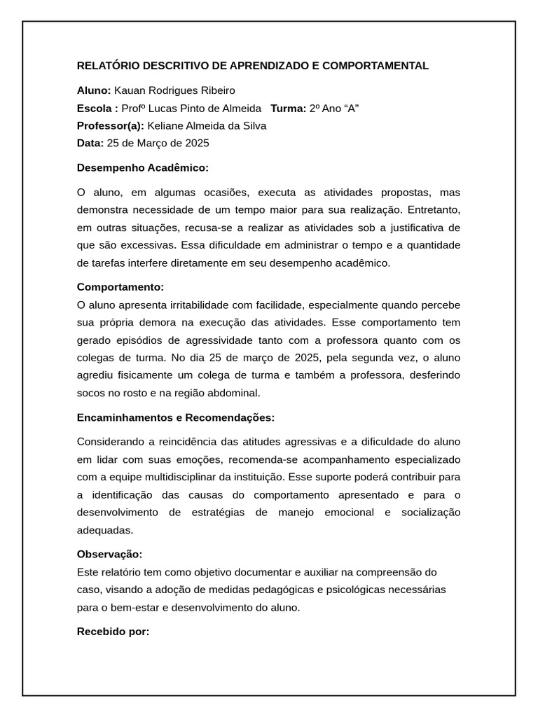 Relatório Comportamental de Alunos | PDF | Aprendizado | Pedagogia