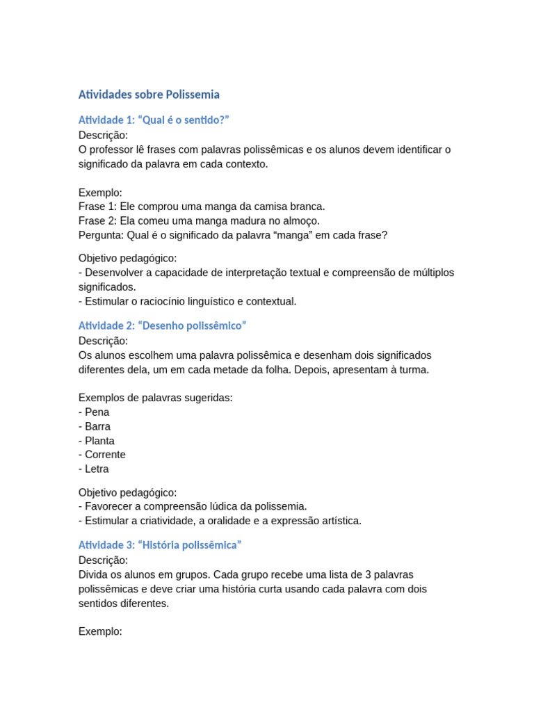 Atividades de Polissemia para Alunos | PDF