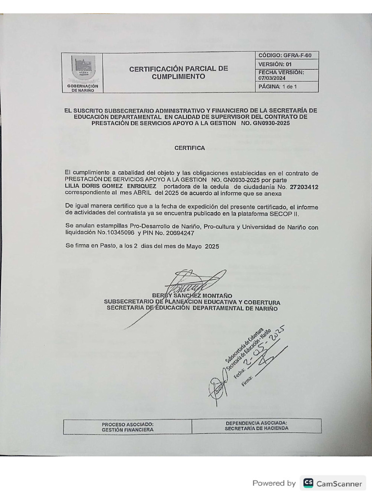 GN0930-2025 Certificado Parcial de Cumplimiento Mes de Abril | PDF