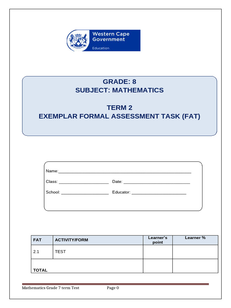 Mathematics GR 8 Exemplar FAT Test Term 2 | PDF | Mathematics | Algebra