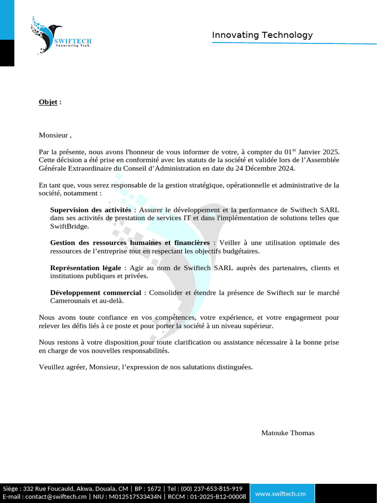 Nomination à la Direction de Swiftech | PDF