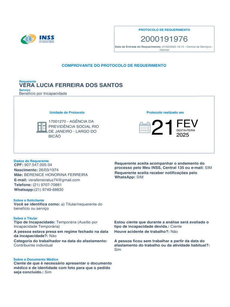 Protocolo de Requerimento de Benefício por Incapacidade | PDF