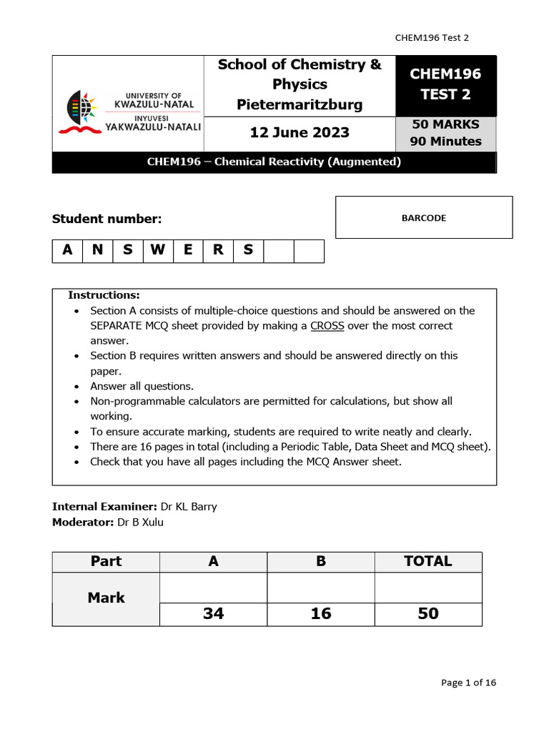 CHEM196 Summative Test 2 - 2023 - Answers | PDF | Chemical Equilibrium ...