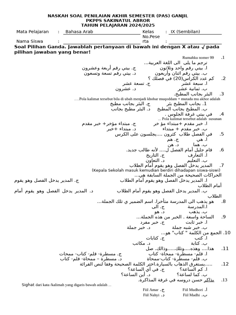 Soal Sas Bahasa Arab Kelas 9 2024-2025 | PDF