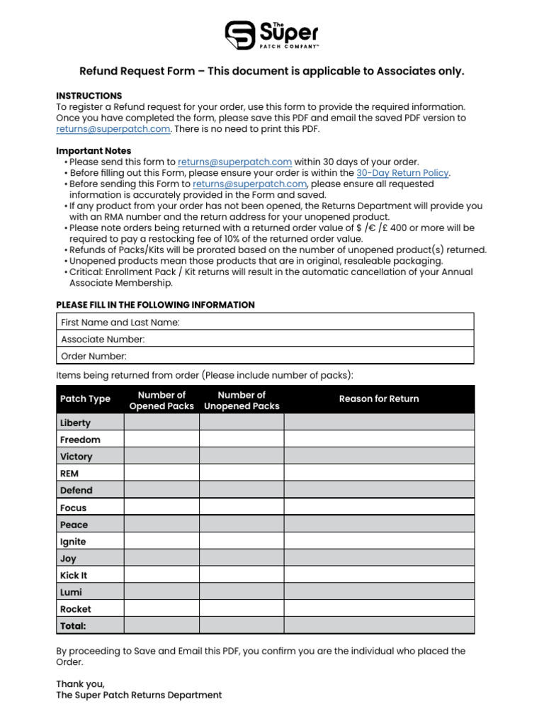 Super Patch Refund Request Form | PDF