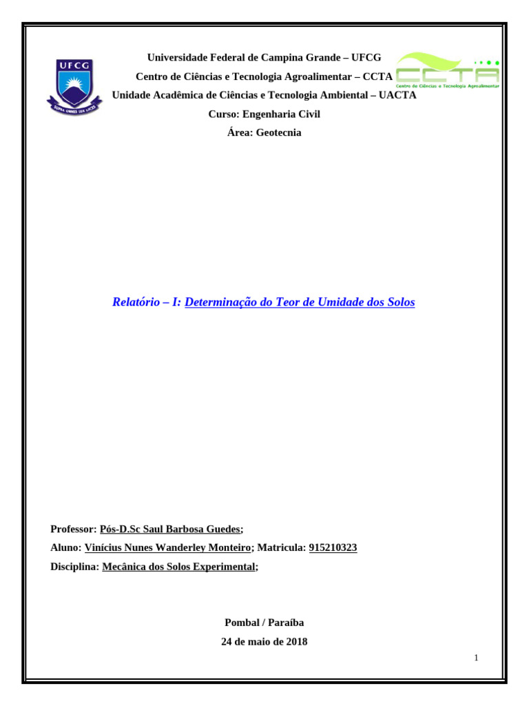 Relatório - Coleta de Solo e Teor de Umidade | PDF | Solo | Umidade