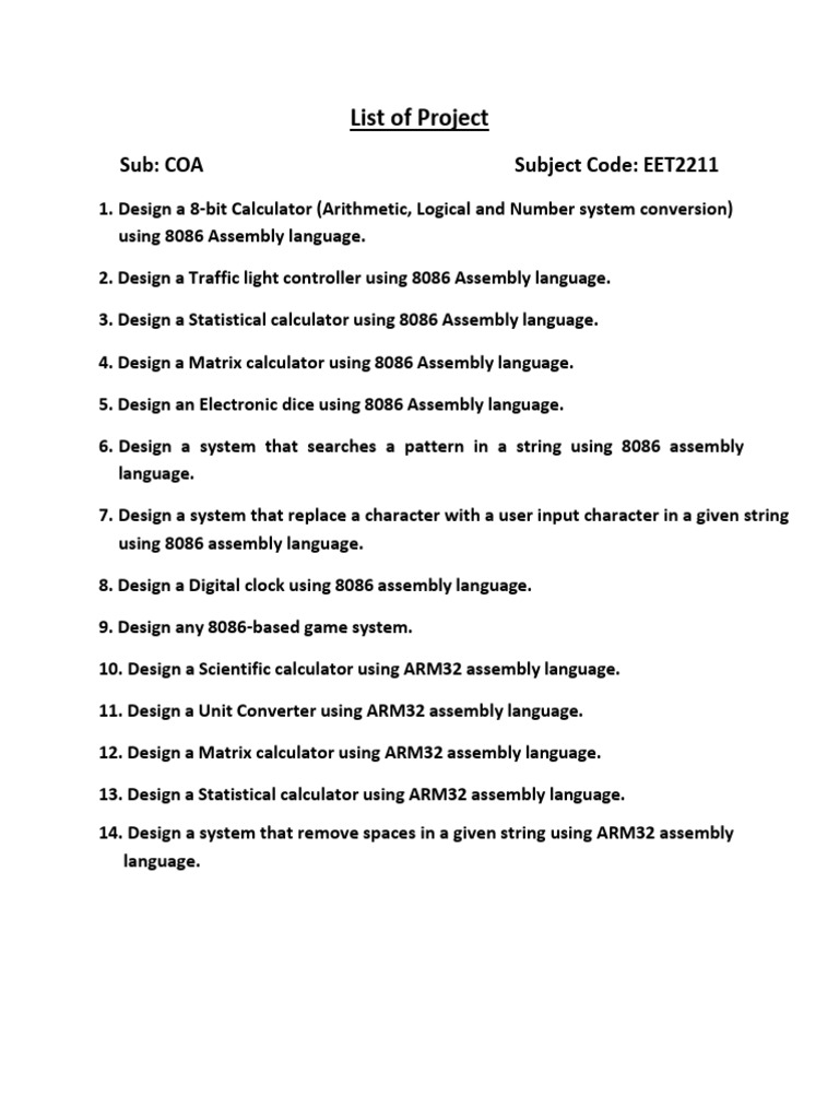 8086 & ARM32 Assembly Projects List | PDF