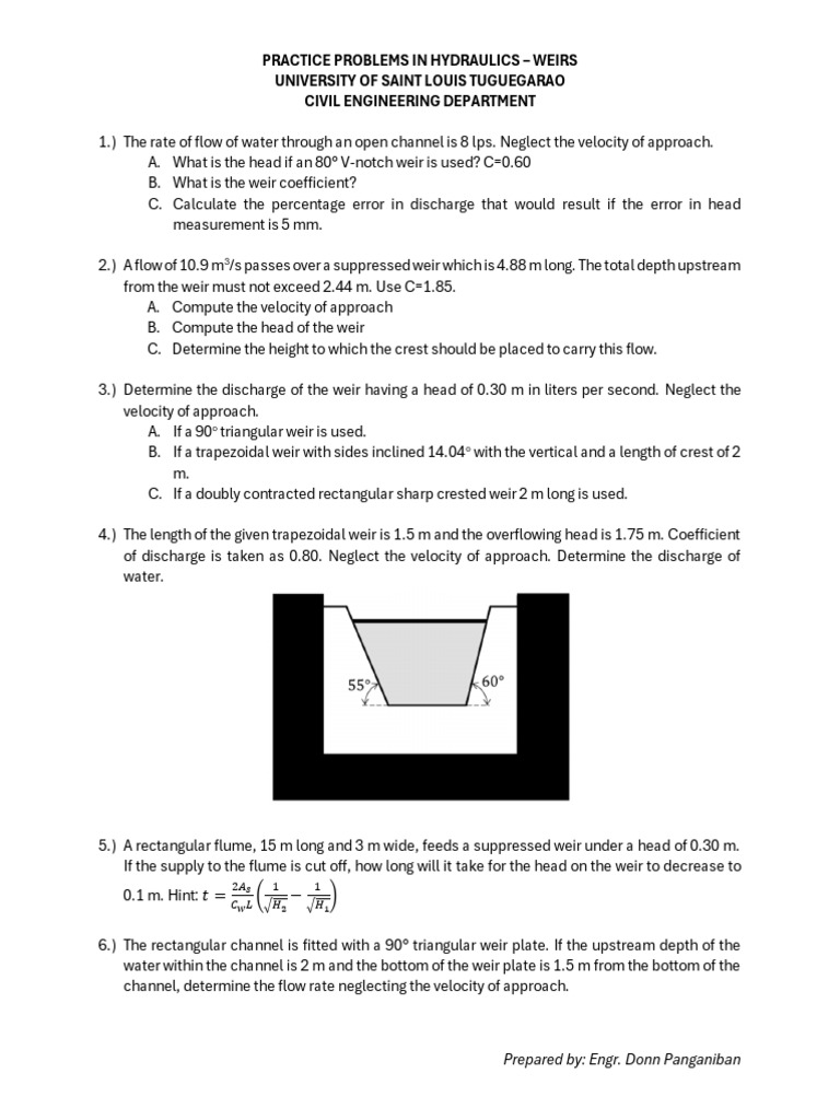 Weir Design Practice Problems | PDF | Fluid Mechanics | Continuum Mechanics