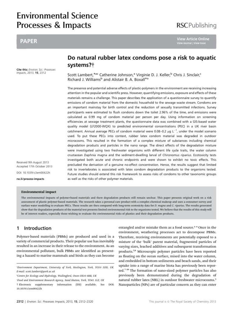 DP Natural Rubber Latex Condoms Pose A Risk To Aquatic Systems | PDF