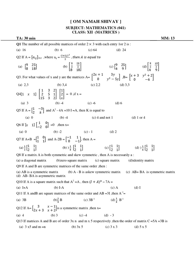 Mathematics Class XII: Matrices Quiz | PDF | Matrix (Mathematics ...
