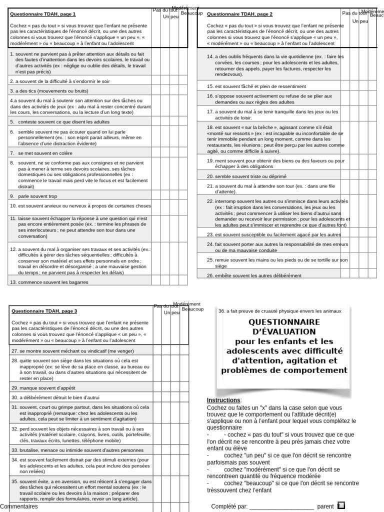 Questionnaire TDAH pour enseignants | PDF | Trouble du déficit de l ...