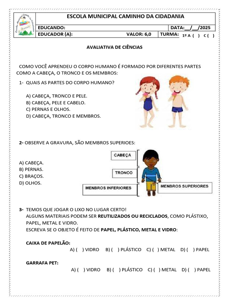 Atividades sobre Cabeça, Tronco e Membros | PDF