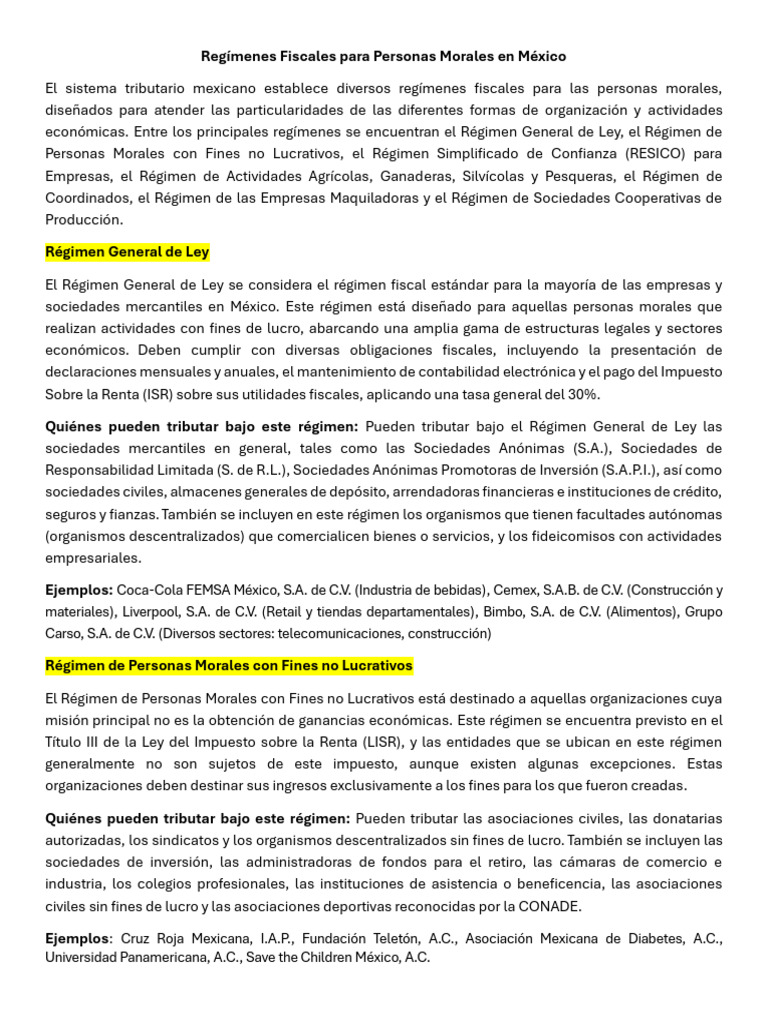 Regímenes Fiscales para Personas Morales | PDF | Sociedad de ...