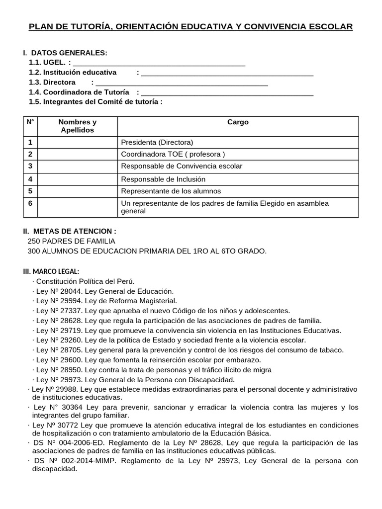 Plan de Tutoría y Convivencia Escolar | PDF | Aprendizaje | Comprensión ...